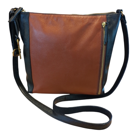 Woman's Fossil Brown and Black Messenger Bag with and Textured Leather - Picture 1 of 9